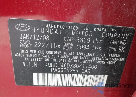 2008 Hyundai Elantra Gls/Se из США, поврежденный, VIN KMHDU46DX8U411400